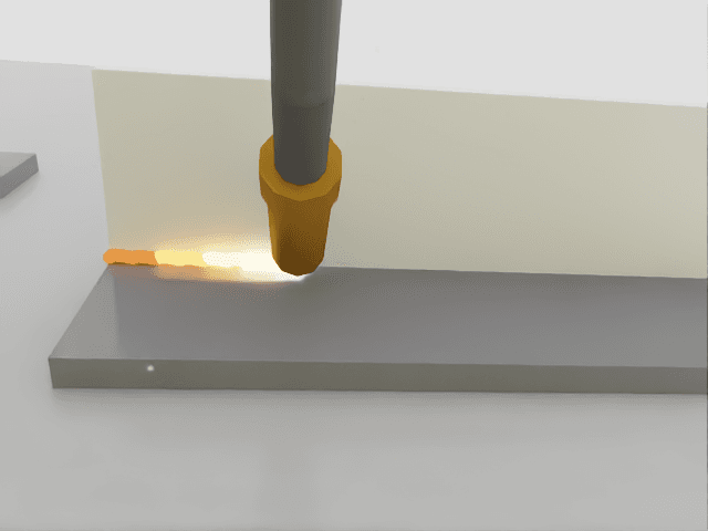 Isaac Sim welding cell: torch laying a cooling bead on a T-joint coupon