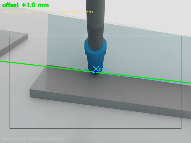 Torch-camera view with the detected seam line and cross-track offset overlay